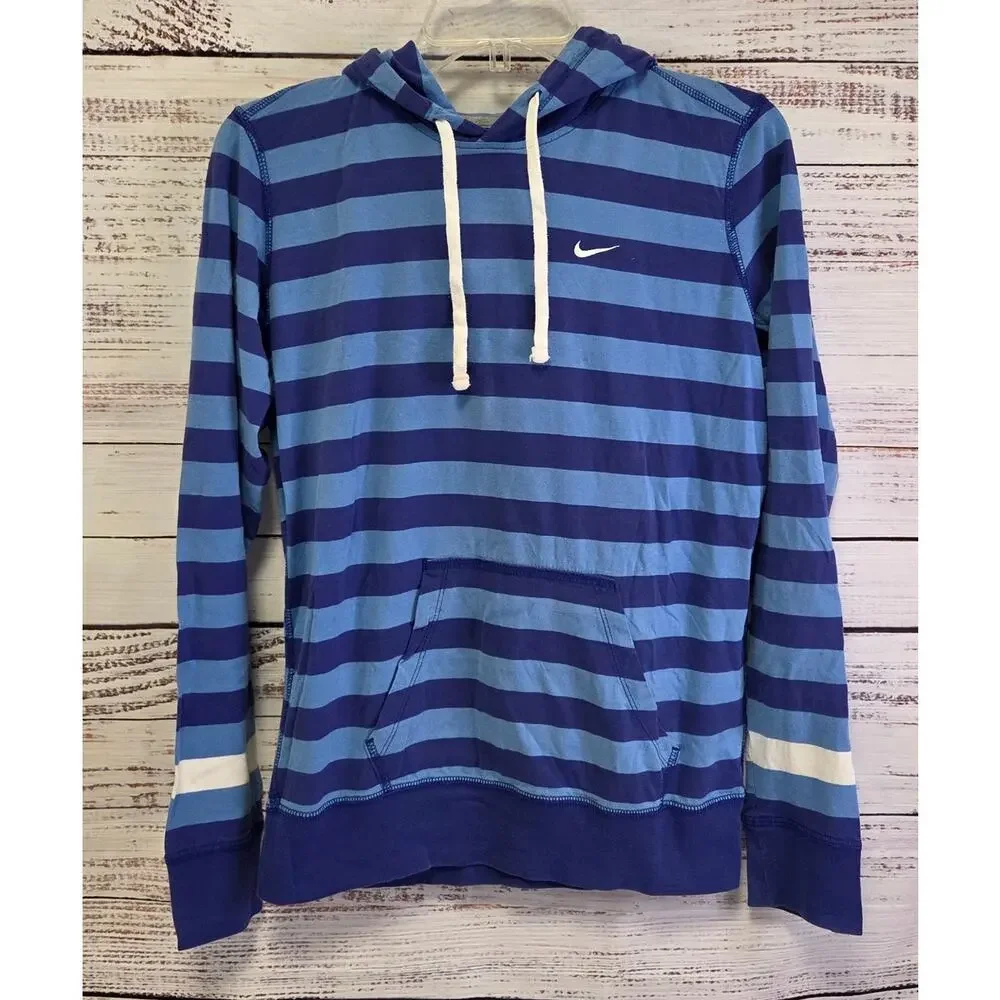 Nike Athletic Dept Striped Hooded Long Sleeve Shirt Womens Large Blue Purple